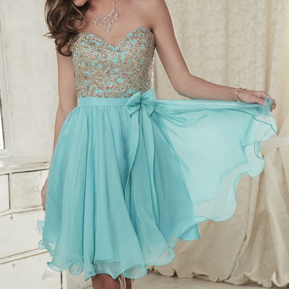 Damas 52386 Aqua Blue Short Strapless Party Dress - Picture 1 of 4